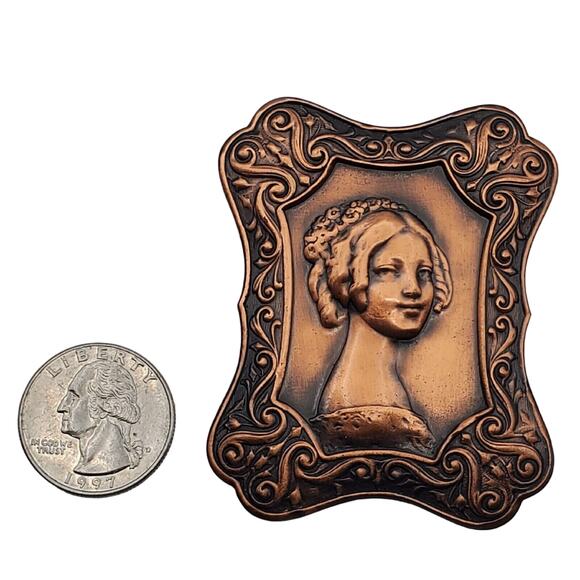 Copper Portrait Woman Brooch Large Figural Pin Cameo Frame Victorian Revival - Picture 2 of 4
